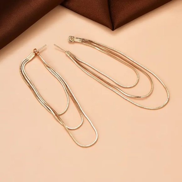 Earrings Chain Gold Triple Dangle Earrings Multi Layer Glam Stylish Y2K Rave New - Picture 2 of 3